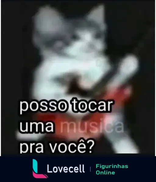 Imagem de um gato segurando uma guitarra com a legenda 'posso tocar uma música pra você?'. A imagem é divertida e transmite um convite musical.