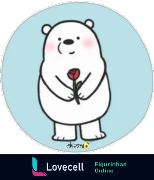 Desenho de um urso polar fofo segurando uma rosa vermelha com expressão meiga e bochechas rosadas, em fundo azul claro - Autismo.