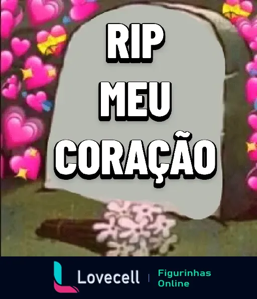 Imagem com a frase 'RIP Meu Coração' em frente a um túmulo, rodeado de corações cor de rosa, ideal para expressar sentimentos no Dia dos Namorados.