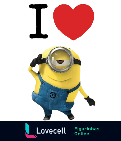 Figurinha de um minion apaixonado com macacão jeans e óculos, segurando um coração vermelho e com a frase 'I ❤️' em fundo vermelho