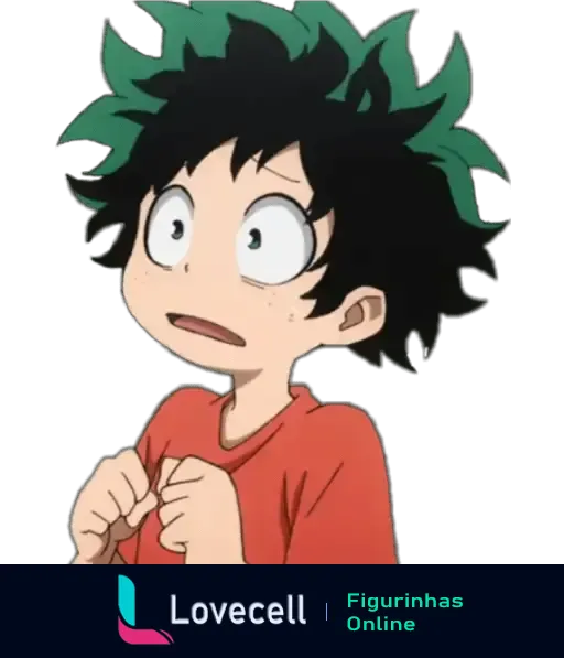 Figurinha do personagem de cabelo verde e expressão surpresa, do anime Boku No Hero Academia, com uma camiseta vermelha.