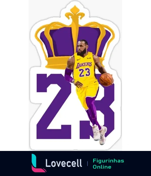 Adesivo de Lebron James jogando basquete com uniforme dos Lakers, número 23, com uma coroa roxa e dourada ao fundo.