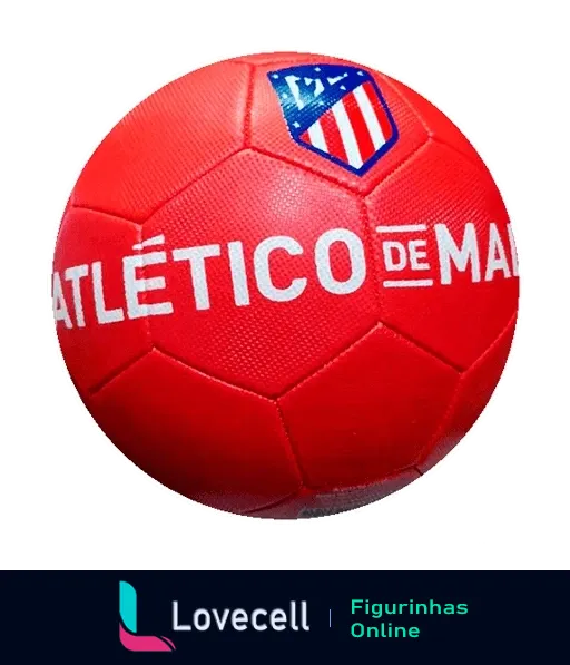 Bola de futebol vermelha com emblema do Atlético de Madrid e texto 'ATLÉTICO DE MADRID' em branco