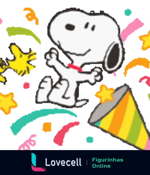 Snoopy dançando alegremente com confetes coloridos e cone de festa em comemoração