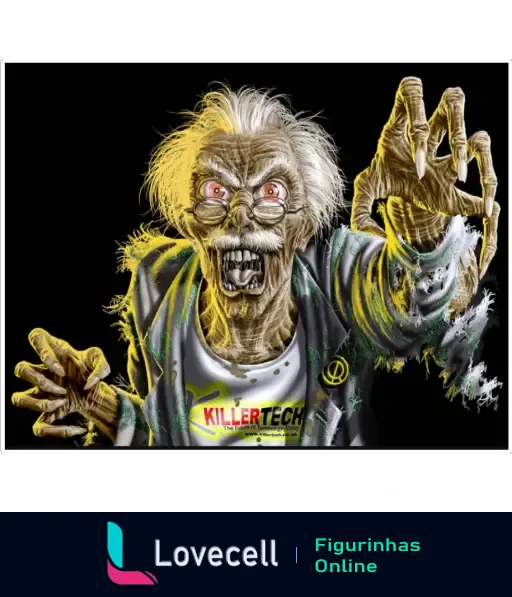 Figurinha de WhatsApp de um professor zumbi assustador com cabelos brancos e olhos vermelhos brilhantes, vestindo uma camisa 'KILLERTECH'. Parte da coleção 🎨Iron Maiden cover🎨.