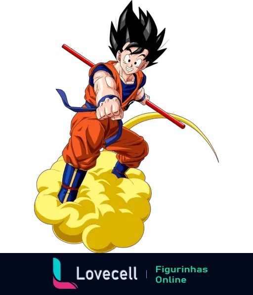 Goku voando na sua nuvem dourada, segurando um bastão vermelho e vestido com seu traje de luta laranja. Imagem vibrante e icônica.