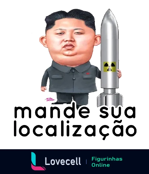 Figurinha com caricatura de Kim Jong Un segurando um míssil e texto 'mande sua localização' em fonte rosa e branca, sugerindo humor