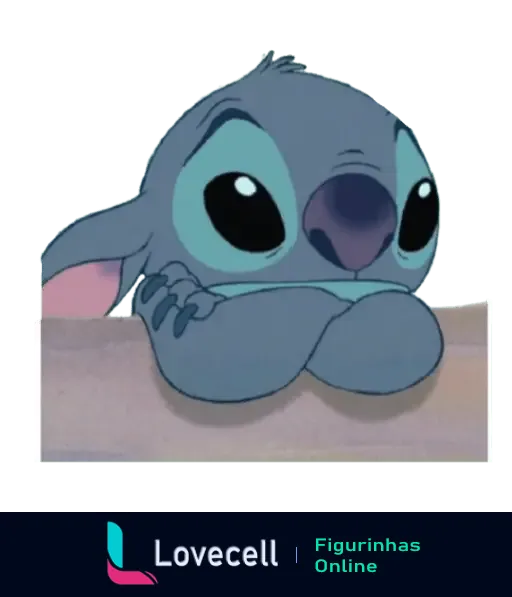 Figurinha do Stitch, personagem da Disney, apoiando a cabeça nas patas com uma expressão pensativa e triste, provavelmente contemplando algo.