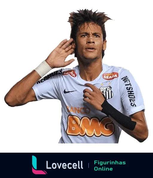 Jogador do Santos comemorando gol com uniforme patrocinado pelo Banco BMG e gesto de mão no ouvido.