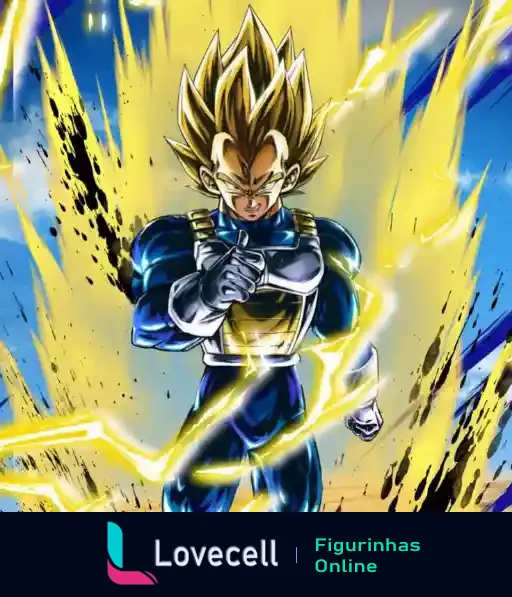 Personagem Super Vegeta em forma de Super Saiyajin, com cabelo dourado espetado e aura elétrica amarela intensa.