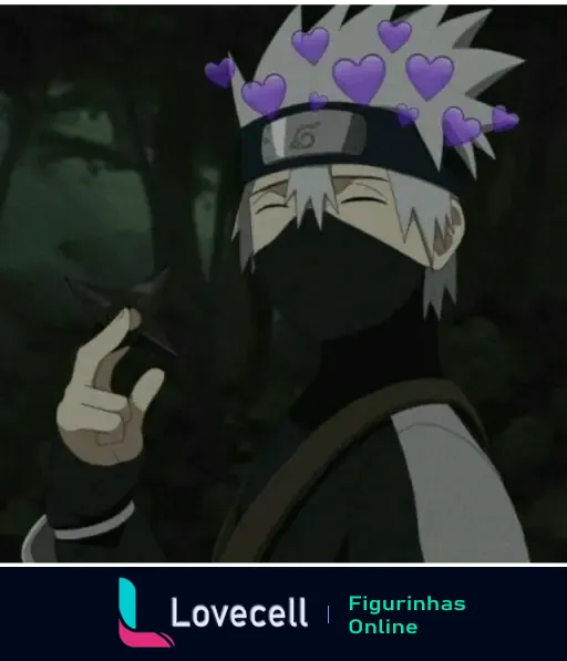 Personagem Kakashi Hatake de Naruto segurando uma shuriken, cercado por corações roxos flutuantes. Representa afeto no universo Naruto Amor.