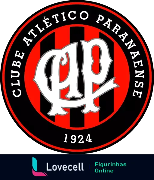 Emblema do Clube Atlético Paranaense com as iniciais CAP em branco sobre fundo com listras verticais vermelhas e pretas, circundado pelo nome do clube e o ano de fundação 1924.