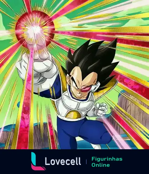 Super Vegeta, com armadura branca e azul, lança um ataque de energia com seu poder máximo, sobre um fundo verde e amarelo.