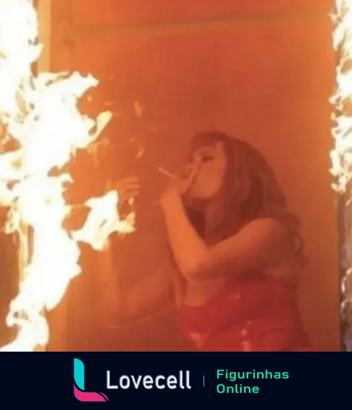 GIF de uma pessoa em um ambiente extremamente quente, cercada por chamas e fazendo gesto de calor excessivo, do álbum CALOR D+.