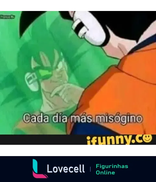 Meme com personagens de anime. Um personagem laranja diz 'Cada dia mais misógino', enquanto outro aparece em um fundo verde.