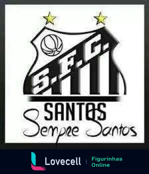 Logo do Santos Futebol Clube em preto e branco com escudo, bola de futebol e acrônimo 'SFC', contendo duas estrelas douradas acima