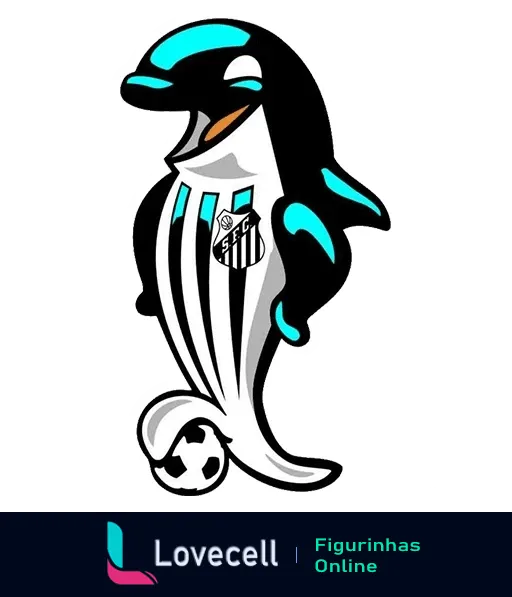 Mascote do Santos Futebol Clube, um pinguim com camisa listrada azul e preta, ao lado de uma bola de futebol