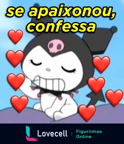 Figurinha de um personagem com um chapéu preto e coração rosa, cercado de corações com a frase 'se apaixonou, confessa'.