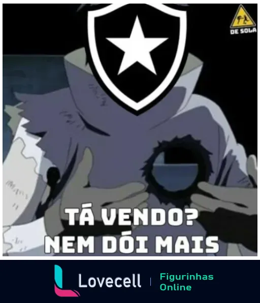 Figurinha de WhatsApp com personagem de anime vestindo camisa do Botafogo e expressão de desalento, com a frase 'Tá vendo? Nem dói mais' em tom humorístico sobre as derrotas do clube