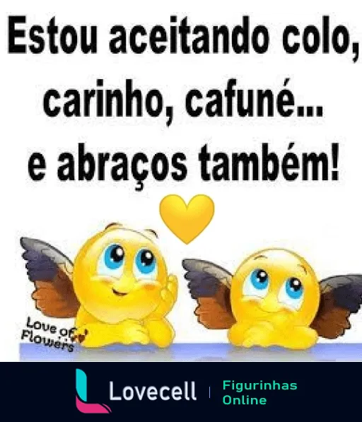 Figurinha mostrando dois personagens amarelos e fofos com asas, expressando desejo por afeto com o texto 'Estou aceitando colo, carinho, cafuné... e abraços também!' na parte superior