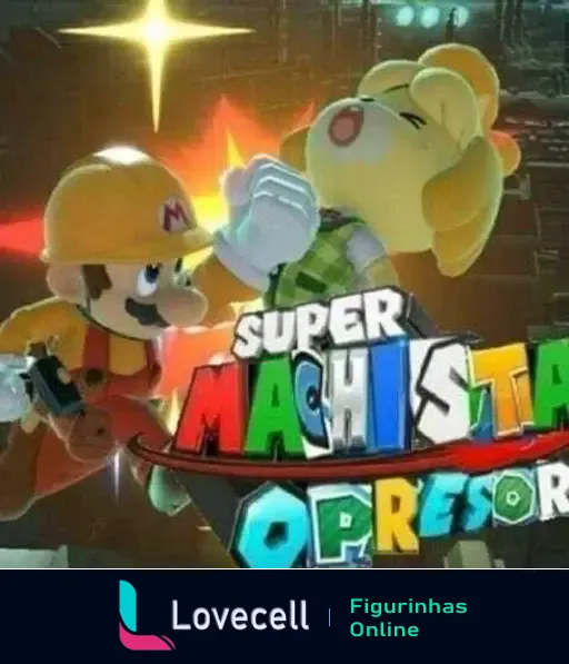 Imagem do título 'Super Machista Opressor' com personagem parecido com Mario dando um soco em personagem animal amarelo de forma agressiva.