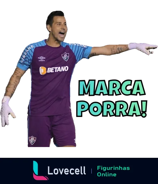 Figurinha do WhatsApp mostrando jogador do Fluminense com uniforme roxo e azul, patrocínio Betano, comemorando gol e apontando, com texto 'MARCA PORRA!' em letras brancas com contorno verde