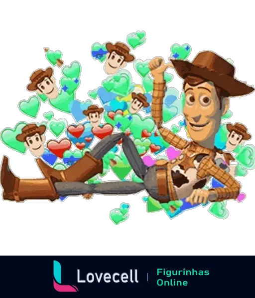 Figurinha do Woody do Toy Story em pose alegre cercado por corações verdes e azuis, com miniaturas dele mesmo em diferentes posições, transmitindo amor e alegria