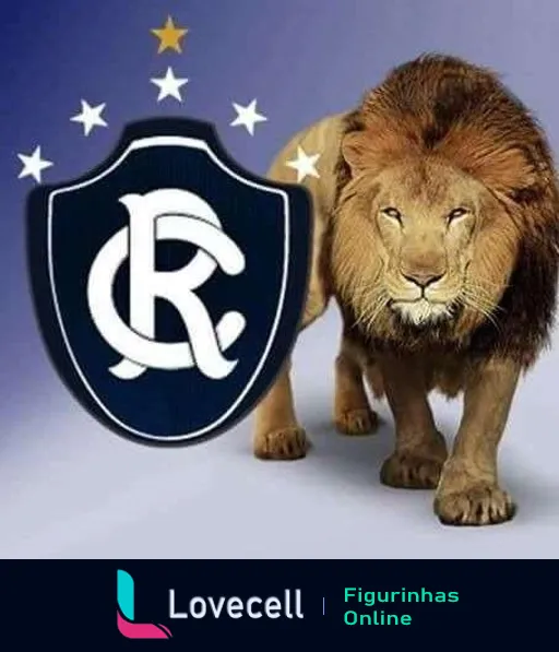 Figurinha de WhatsApp representando um leão majestoso ao lado do escudo azul e branco do Clube do Remo, com a letra 'R' estilizada e cercado por estrelas