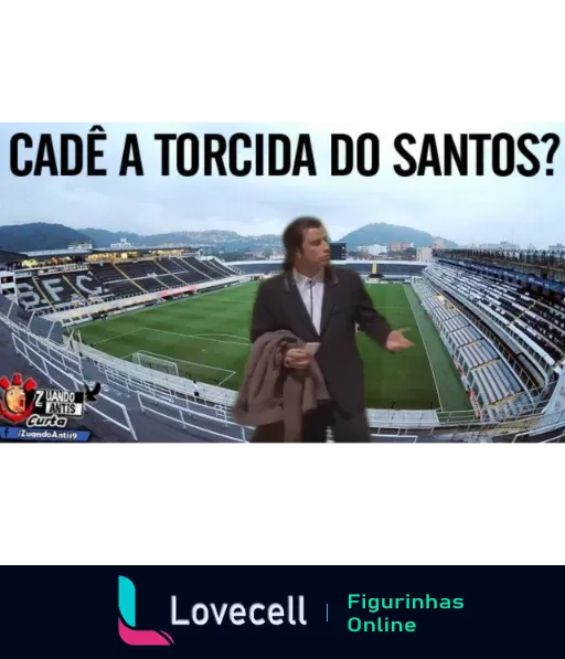 Homem de terno em estádio vazio gestualizando surpreso com a frase 'CADÊ A TORCIDA DO SANTOS?' e iniciais SFC do Santos Futebol Clube