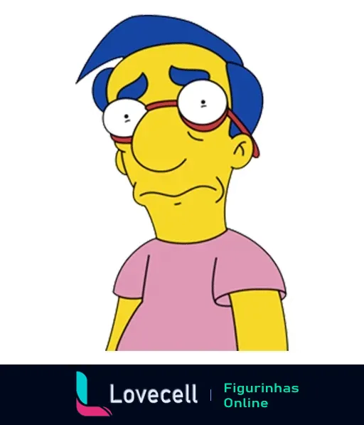 Milhouse Van Houten de 'Os Simpsons' com camiseta rosa, boné azul, óculos e expressão melancólica