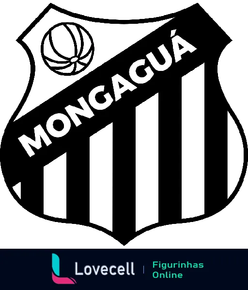 Escudo do time de futebol Mongaguá com listras verticais pretas e brancas e uma bola de basquete na parte superior