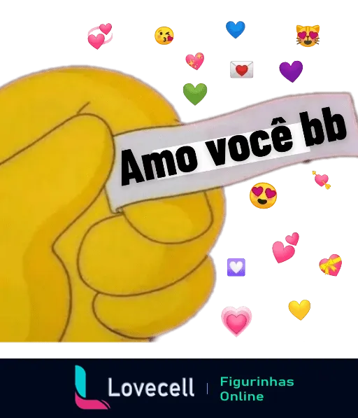 Mão segurando papel com a frase 'Amo você bb' cercado por emojis de coração em fundo amarelo