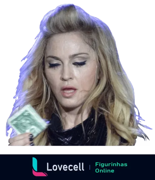 Figurinha de Madonna segurando uma nota de dólar com uma expressão facial pensativa. Ideal para mensagens sobre dinheiro ou gasto financeiro.