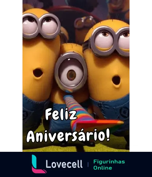 Figurinha animada de Minions celebrando com uma trombeta colorida e a mensagem 'Feliz Aniversário'. Ótima para parabenizar amigos e familiares de forma divertida.