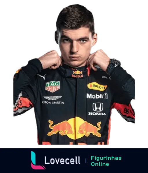 Piloto de Fórmula 1 ajustando sua roupa de corrida com logotipos da Aston Martin, Mobil 1 e Honda, vestindo traje da Red Bull Racing.