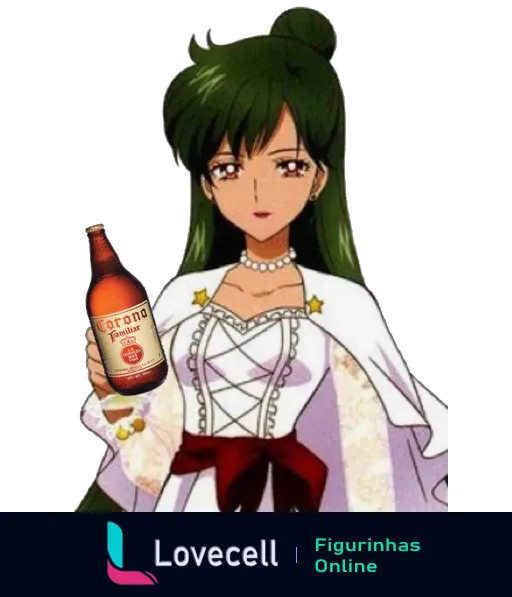 Sailor Pluto, personagem do anime, segurando uma garrafa de cerveja Corona Familia com expressão séria e posição ereta.