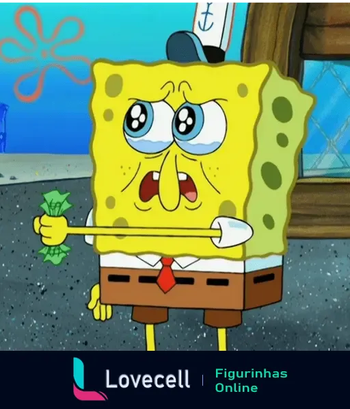 Bob Esponja com olhos cheios de lágrimas segurando dinheiro, aparentando tristeza, em frente ao restaurante Siri Cascudo.