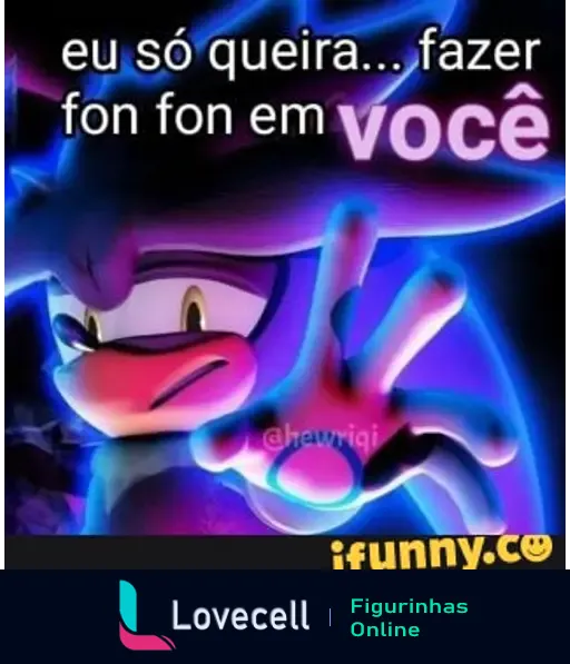 Meme com personagem segurando a mão em direção à câmera, com texto que diz: 'eu só queira... fazer fon fon em você'. Cores vibrantes com efeito neon.