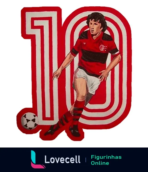 Figurinha de WhatsApp de jogador do Flamengo driblando com bola de futebol, uniforme vermelho e preto, número 10 ao fundo