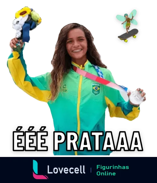 Rayssa Leal comemorando com medalha de prata, vestida com uniforme olímpico brasileiro, sorrindo e segurando buquê e troféu, com emoticons de skate e confetes ao redor