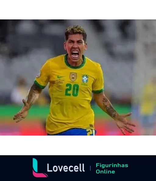 Jogador da Seleção Brasileira número 20 comemorando intensamente em um jogo de futebol, vestindo uniforme amarelo, expressando emoção e paixão, com tatuagens visíveis