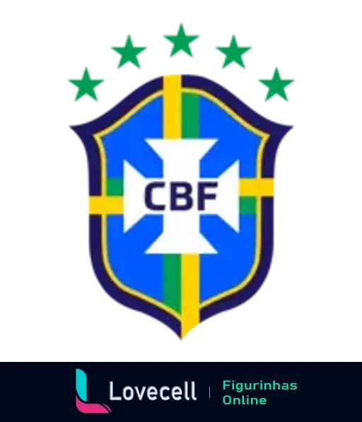 Logo da CBF em sticker, com escudo azul, cruz no centro, sigla CBF e quatro estrelas verdes representando títulos mundiais da Seleção Brasileira de Futebol