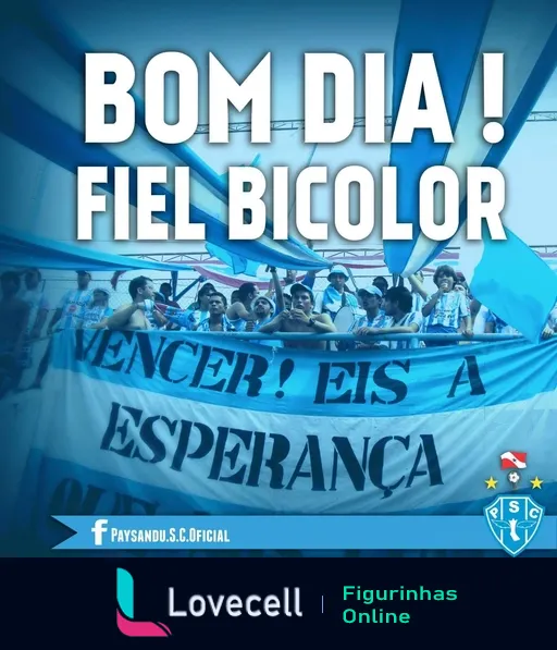 Torcedores do Paysandu Sport Club comemorando com bandeiras azuis e faixa 'Vencer! Eis a Esperança' em um estádio