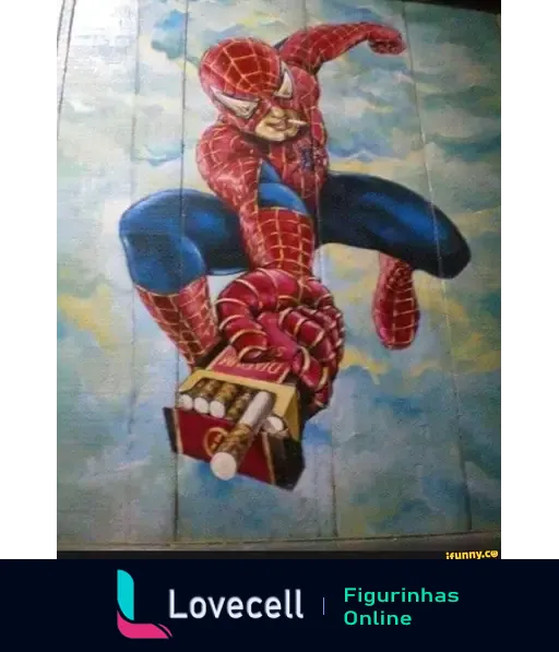 Arte de rua do Homem Aranha segurando uma caixa de comida, destacando-se em tons vibrantes, transmitindo uma vibe divertida e engraçada.