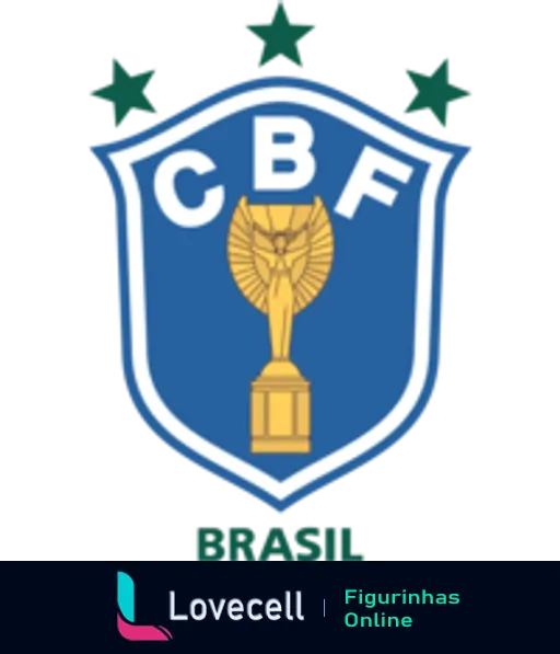 Escudo da CBF azul com taça e quatro estrelas verdes representando vitórias em Copas do Mundo