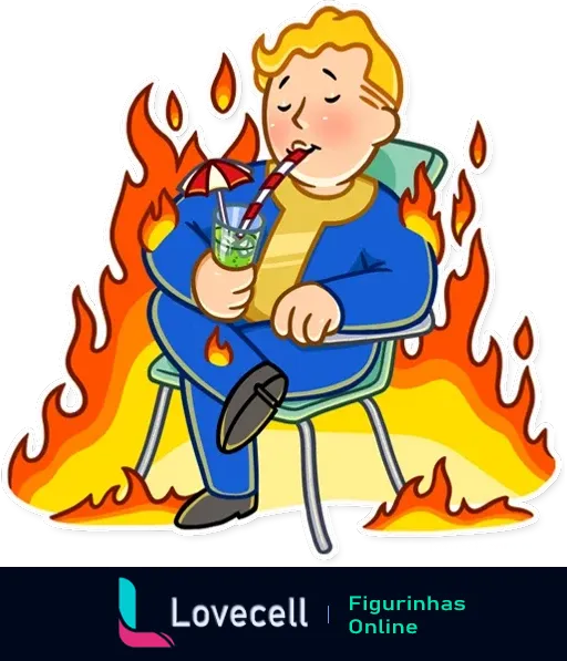 Personagem Fallout Vault Boy relaxando em uma cadeira enquanto toma uma bebida, cercado por chamas por todos os lados.