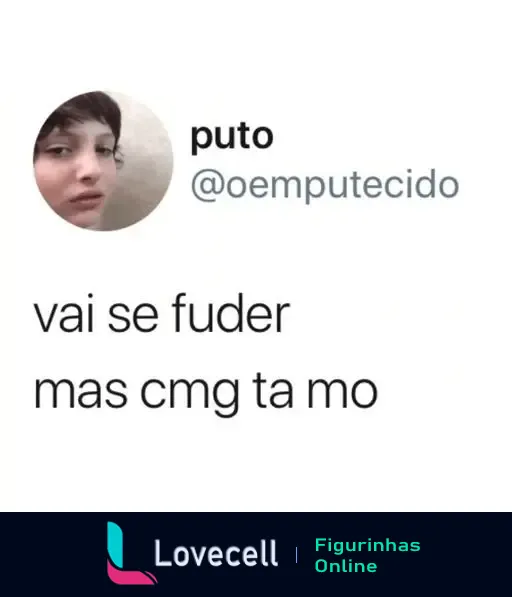 Figurinha de WhatsApp da pasta cantadas +18 pesadas. Mostra um rosto com o texto: 'vai se fuder mas cmg ta mo'.