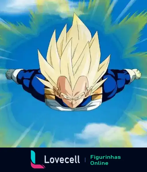 Super Vegeta, personagem de Dragon Ball, voando em alta velocidade pelo céu azul com cabelo loiro e aura poderosa.