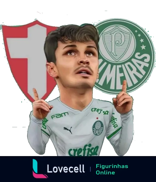 Caricatura de torcedor jovem do Palmeiras animado, apontando para escudos do Palmeiras e do Fluminense