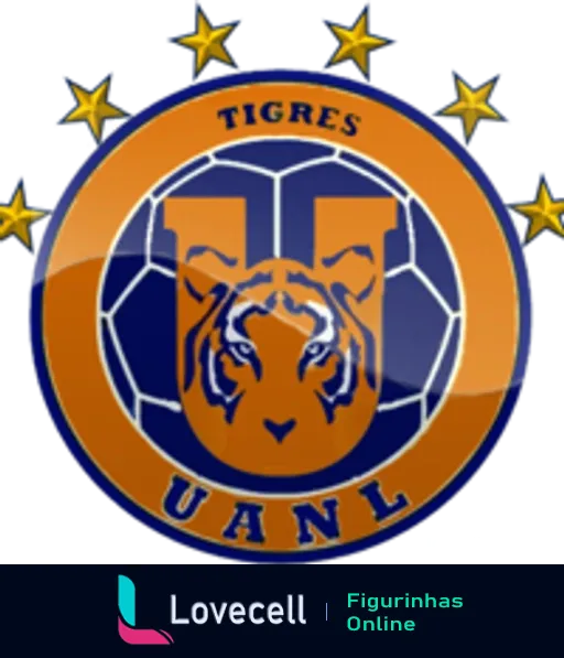 Escudo do Tigres UANL com tigre e bola de futebol em fundo alaranjado e azul, adornado com estrelas que representam conquistas do clube